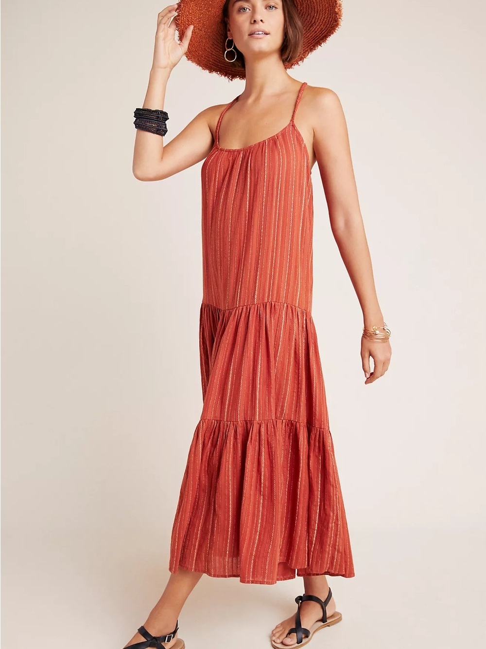 Anthropologie x FRYE Alyssa Tiered Maxi Dress Flowy Burnt Orange 100% Cotton XL